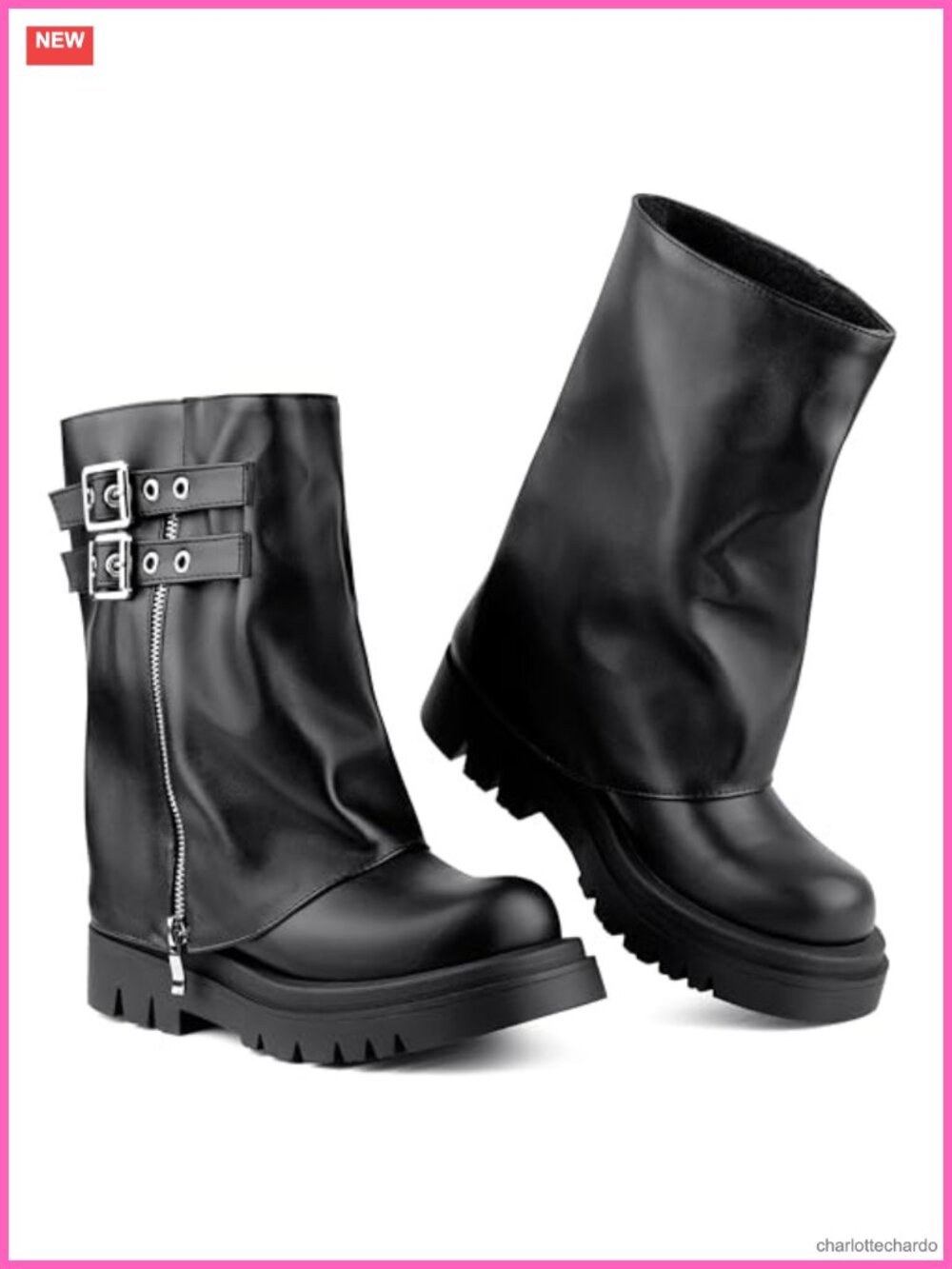 Women's Mid Calf Slouchy Fold Over Moto Biker Combat Boots Faux Leather Platform